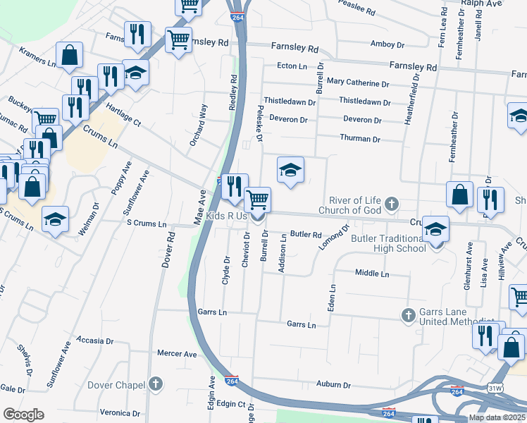 map of restaurants, bars, coffee shops, grocery stores, and more near 2715 Butler Road in Louisville