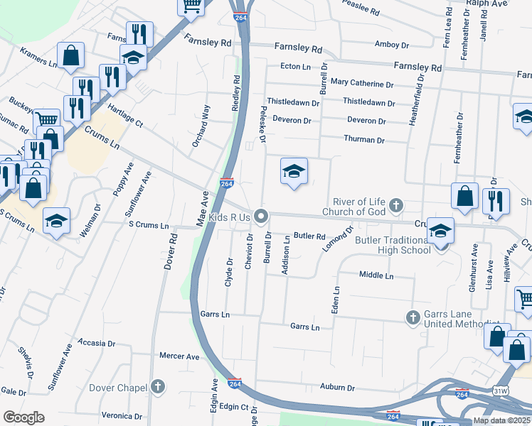 map of restaurants, bars, coffee shops, grocery stores, and more near 2701 Crums Lane in Louisville