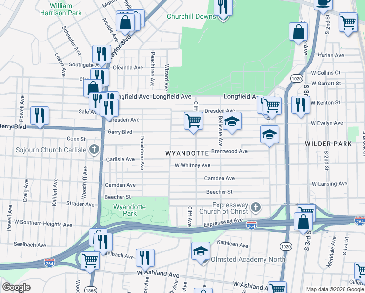 map of restaurants, bars, coffee shops, grocery stores, and more near in Louisville