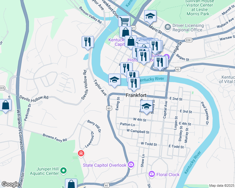 map of restaurants, bars, coffee shops, grocery stores, and more near 506 West 2nd Street in Frankfort