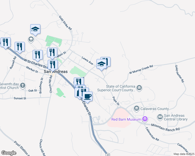 map of restaurants, bars, coffee shops, grocery stores, and more near 140 Serra Trail in San Andreas