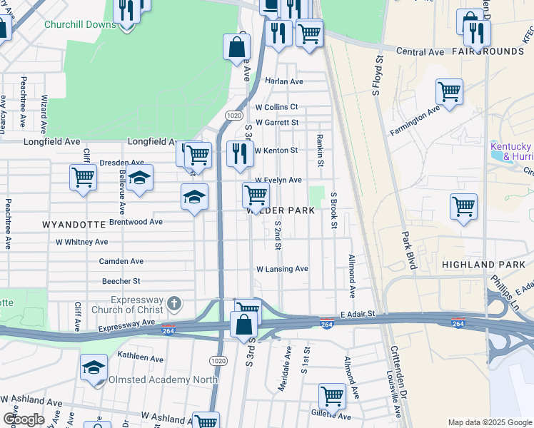 map of restaurants, bars, coffee shops, grocery stores, and more near 4206R South 2nd Street in Louisville