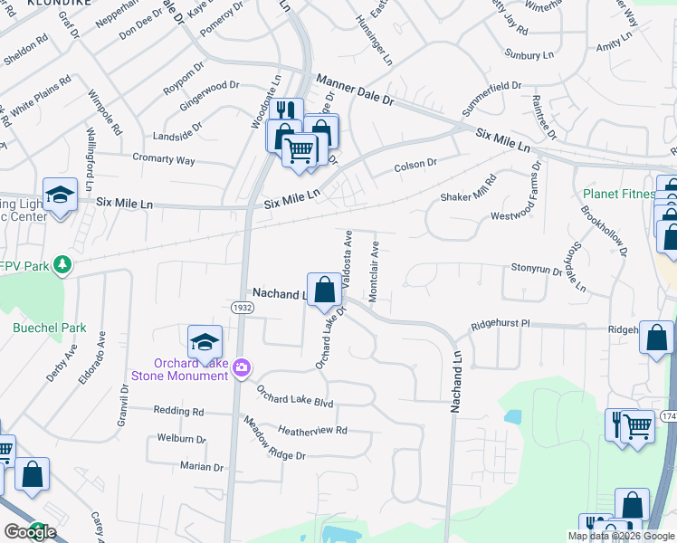 map of restaurants, bars, coffee shops, grocery stores, and more near 7209 Nachand Lane in Louisville