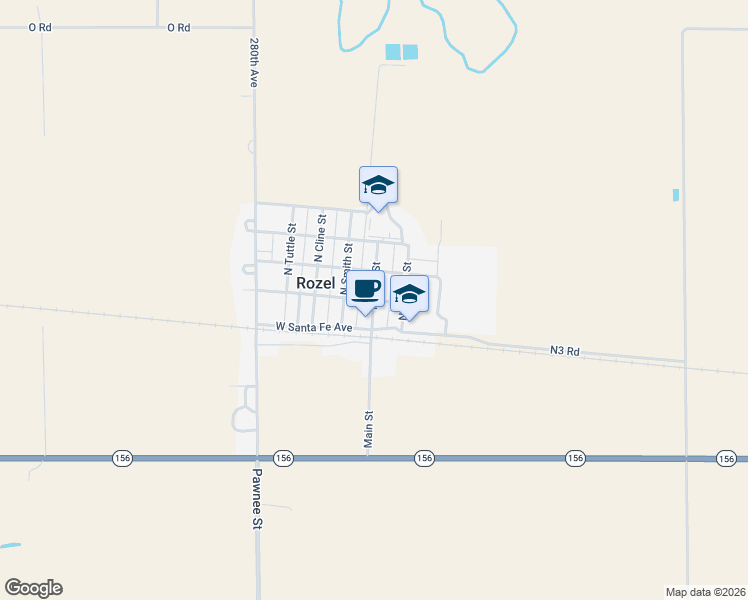 map of restaurants, bars, coffee shops, grocery stores, and more near 200 North Main Street in Rozel