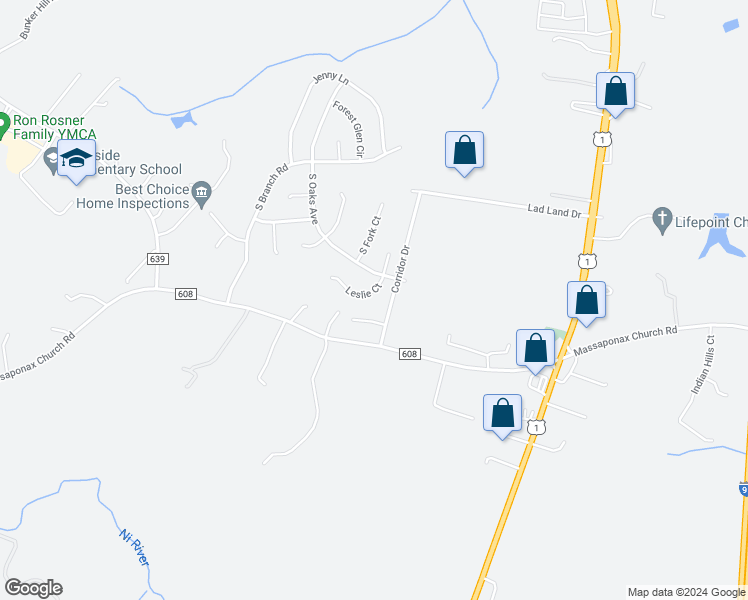 map of restaurants, bars, coffee shops, grocery stores, and more near 8515 Leslie Court in Fredericksburg