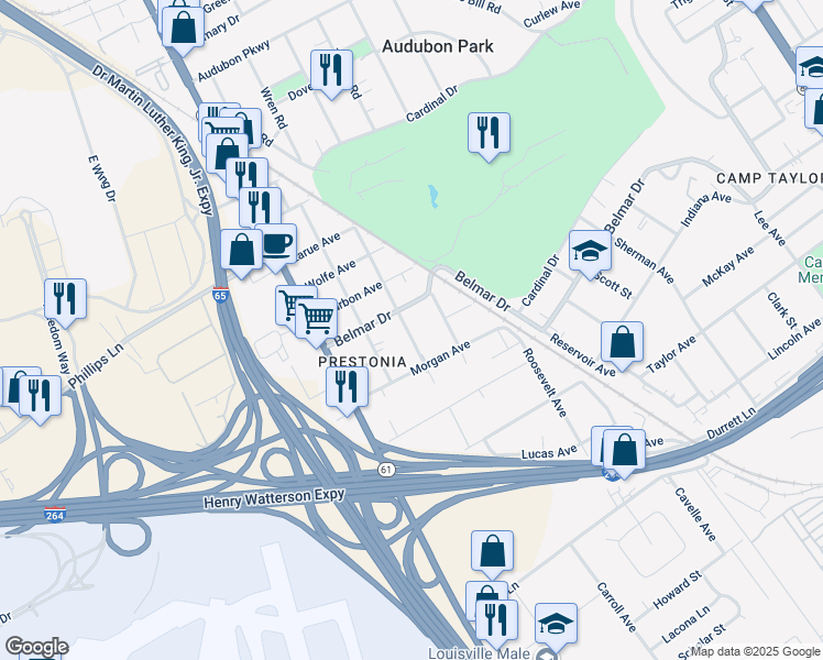 map of restaurants, bars, coffee shops, grocery stores, and more near 4019 Franklin Avenue in Louisville