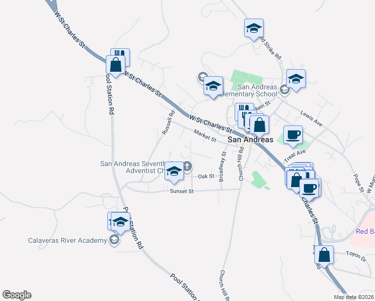 map of restaurants, bars, coffee shops, grocery stores, and more near 312 Mariposa Street in San Andreas