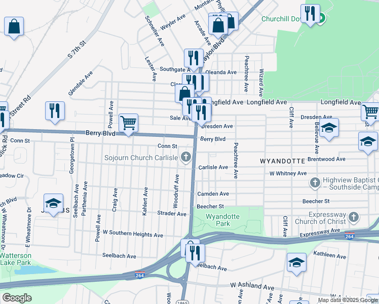map of restaurants, bars, coffee shops, grocery stores, and more near in Louisville