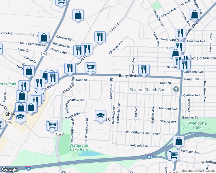 map of restaurants, bars, coffee shops, grocery stores, and more near 1705 Valley Forge Way in Louisville