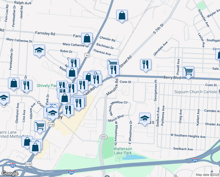 map of restaurants, bars, coffee shops, grocery stores, and more near 3508 Manslick Road in Louisville