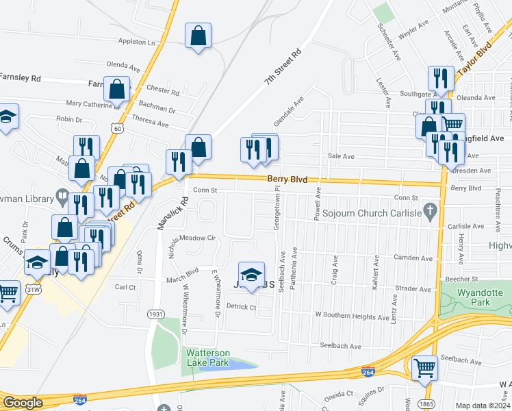 map of restaurants, bars, coffee shops, grocery stores, and more near 1710 Valley Forge Way in Louisville