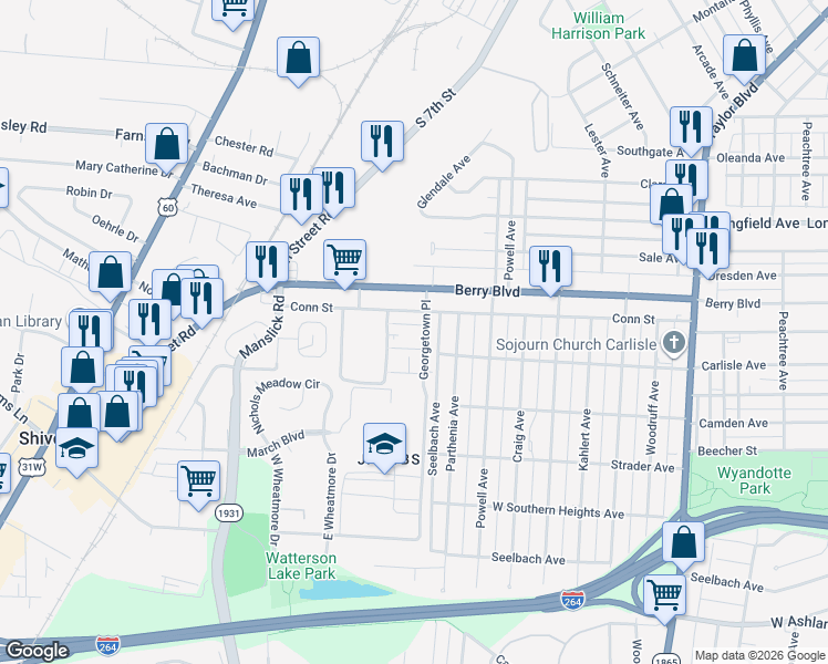 map of restaurants, bars, coffee shops, grocery stores, and more near 1702 Valley Forge Way in Louisville