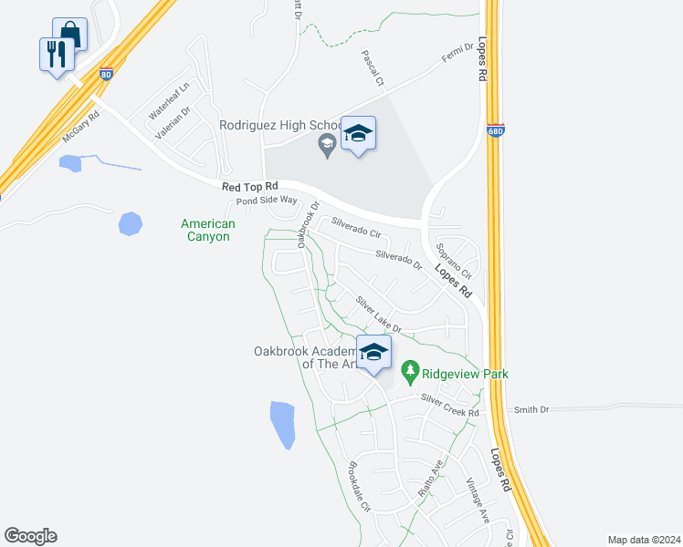 map of restaurants, bars, coffee shops, grocery stores, and more near 516 Silver Lake Drive in Fairfield