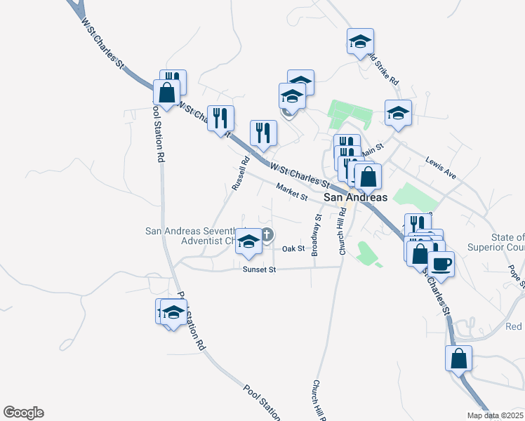 map of restaurants, bars, coffee shops, grocery stores, and more near 265 Mariposa Street in San Andreas