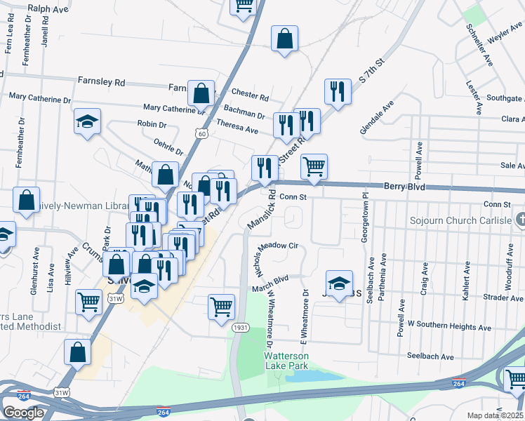 map of restaurants, bars, coffee shops, grocery stores, and more near 3508 Manslick Road in Louisville