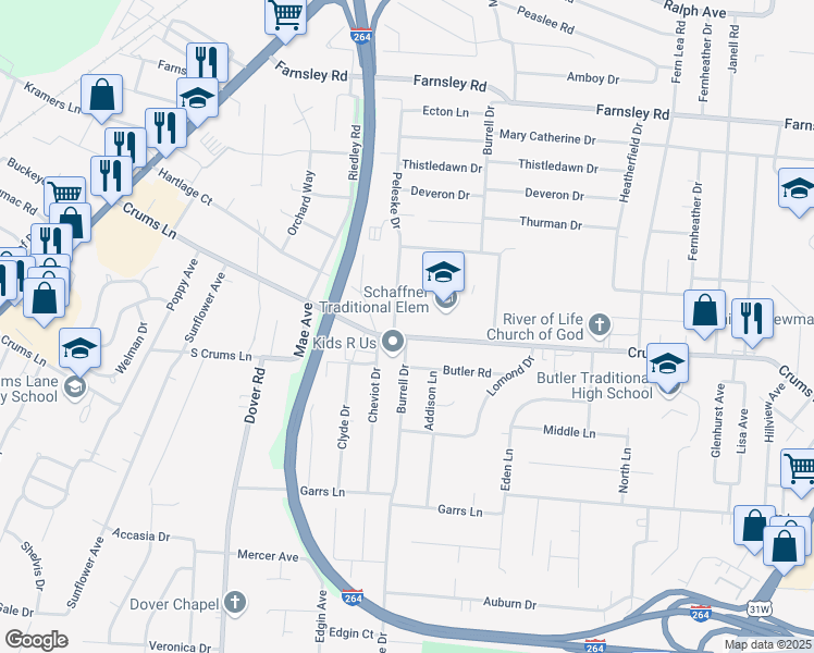 map of restaurants, bars, coffee shops, grocery stores, and more near 3527 Burrell Drive in Louisville