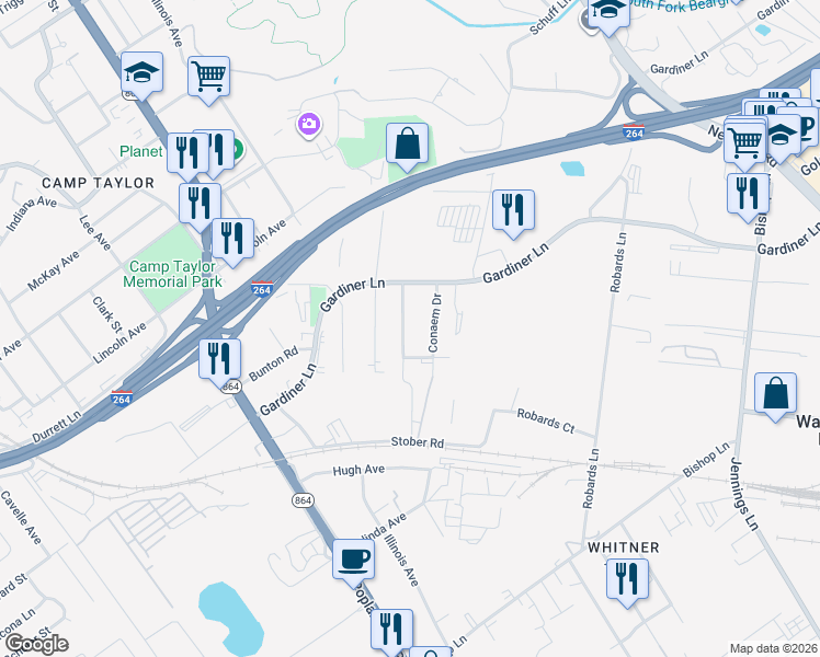 map of restaurants, bars, coffee shops, grocery stores, and more near 4306 Conaem Drive in Louisville