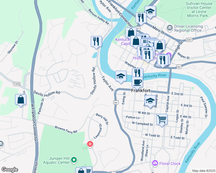 map of restaurants, bars, coffee shops, grocery stores, and more near 625 Kentucky 1211 in Frankfort