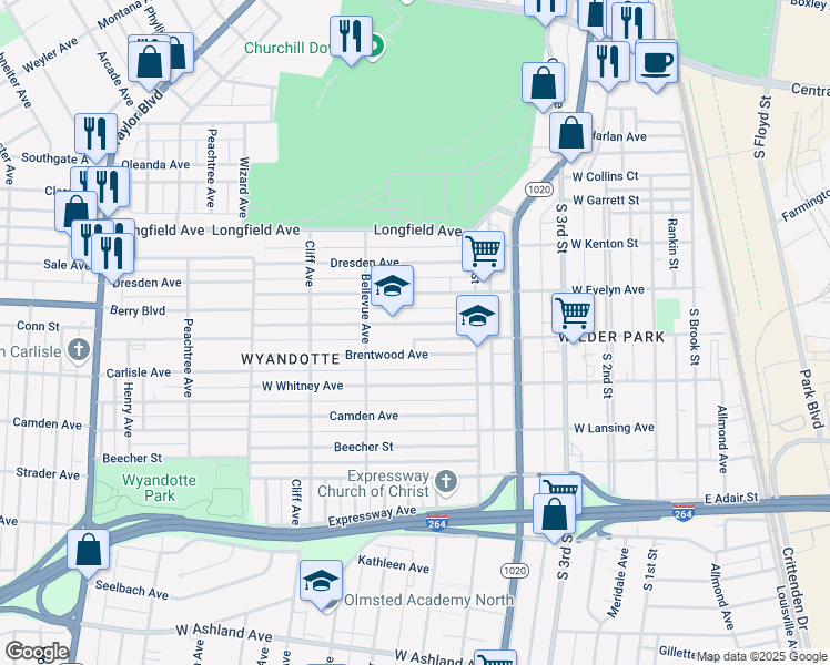 map of restaurants, bars, coffee shops, grocery stores, and more near 705 Denmark Street in Louisville