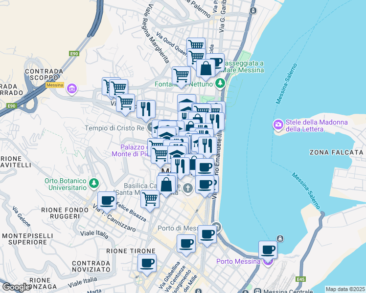 map of restaurants, bars, coffee shops, grocery stores, and more near 171 Corso Cavour in Messina