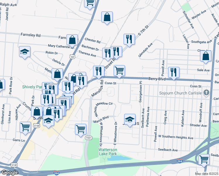 map of restaurants, bars, coffee shops, grocery stores, and more near 3507 Manslick Road in Louisville