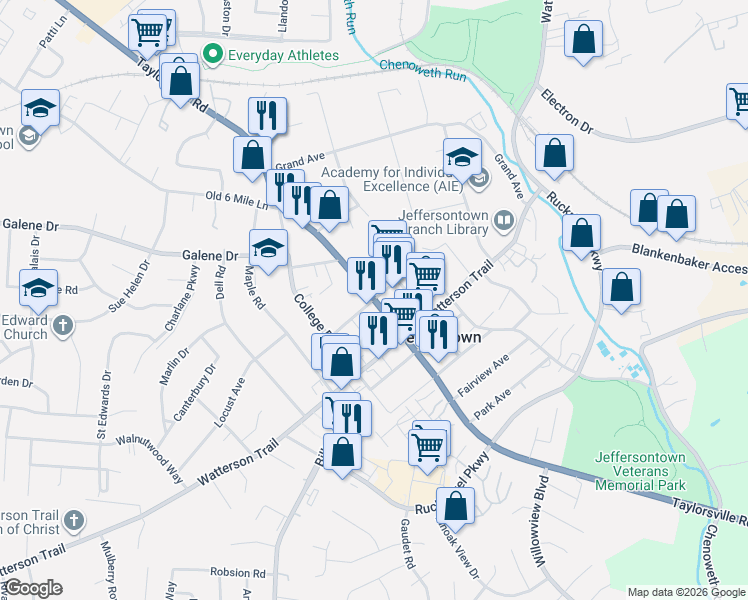 map of restaurants, bars, coffee shops, grocery stores, and more near Jefferson Street in Jeffersontown