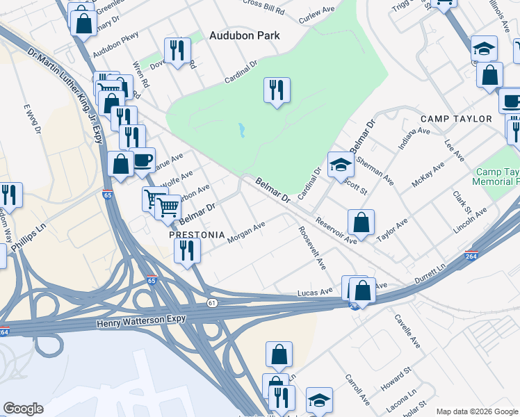 map of restaurants, bars, coffee shops, grocery stores, and more near 4017 Henderson Avenue in Louisville