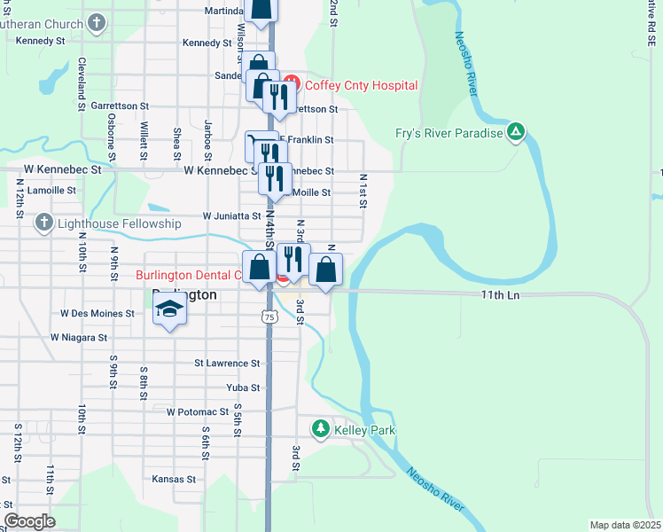 map of restaurants, bars, coffee shops, grocery stores, and more near 203 North 2nd Street in Burlington