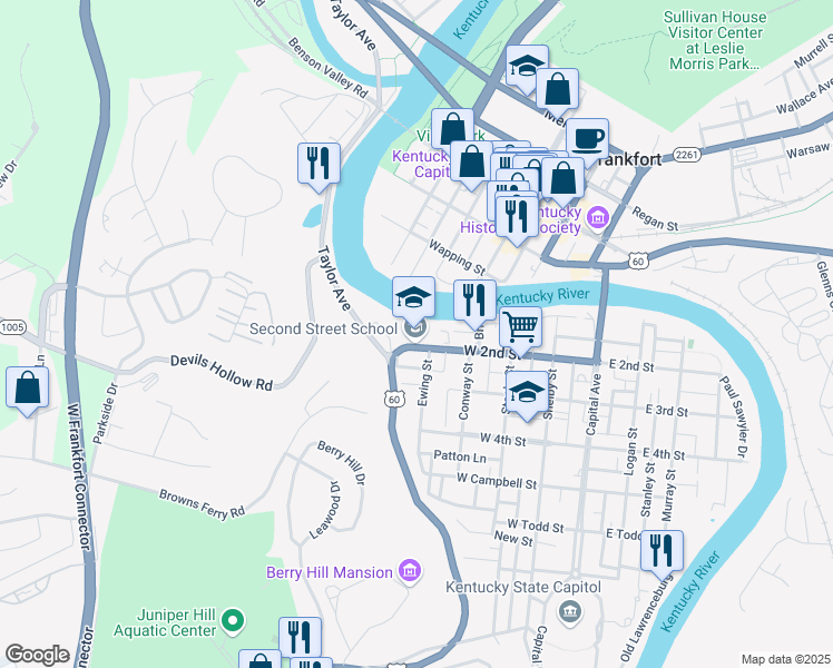 map of restaurants, bars, coffee shops, grocery stores, and more near 506 West 2nd Street in Frankfort