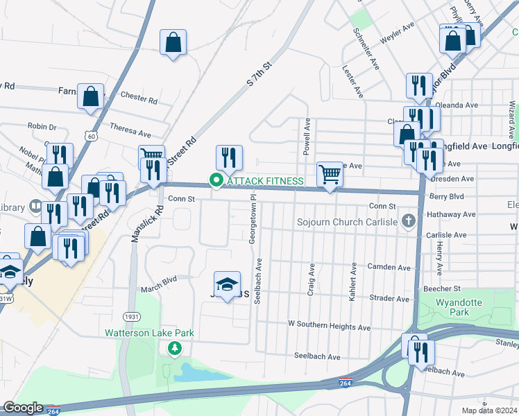 map of restaurants, bars, coffee shops, grocery stores, and more near 1630 Conn Street in Louisville