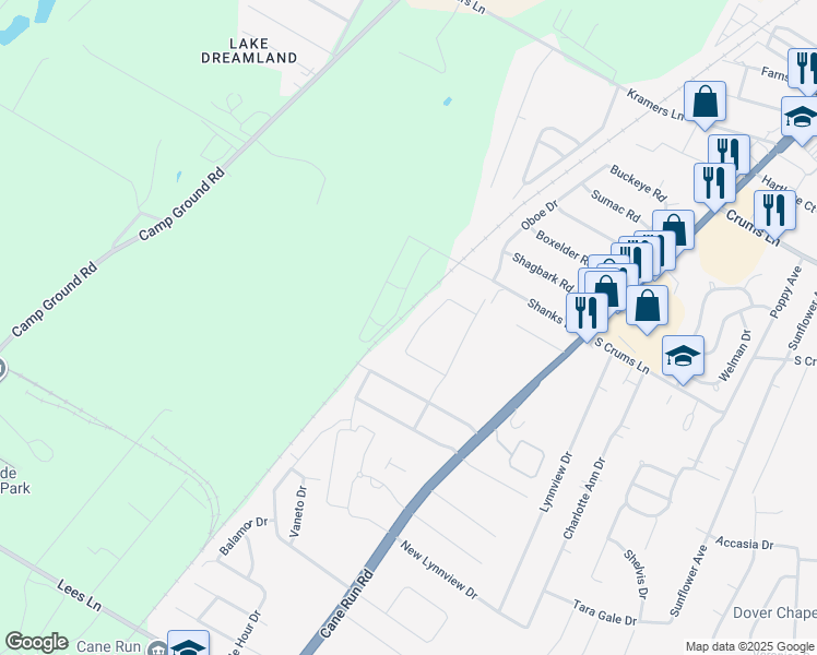map of restaurants, bars, coffee shops, grocery stores, and more near 4402 Clarene Drive in Louisville