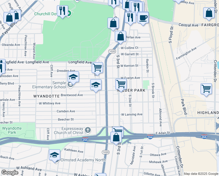 map of restaurants, bars, coffee shops, grocery stores, and more near 4015 Southern Parkway in Louisville