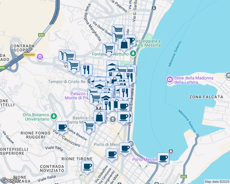 map of restaurants, bars, coffee shops, grocery stores, and more near 171 Corso Cavour in Messina