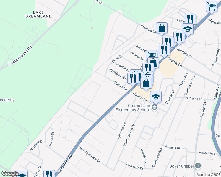 map of restaurants, bars, coffee shops, grocery stores, and more near Coventry Commons Drive in Louisville