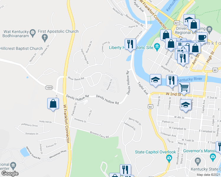map of restaurants, bars, coffee shops, grocery stores, and more near 246 Pinnacle Court in Frankfort
