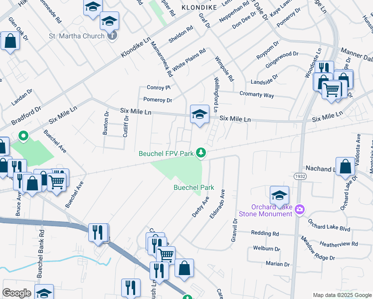 map of restaurants, bars, coffee shops, grocery stores, and more near 6302 Wisteria View Lane in Louisville