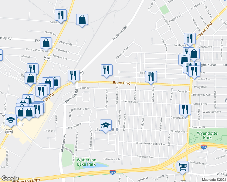 map of restaurants, bars, coffee shops, grocery stores, and more near 1705 Valley Forge Way in Louisville