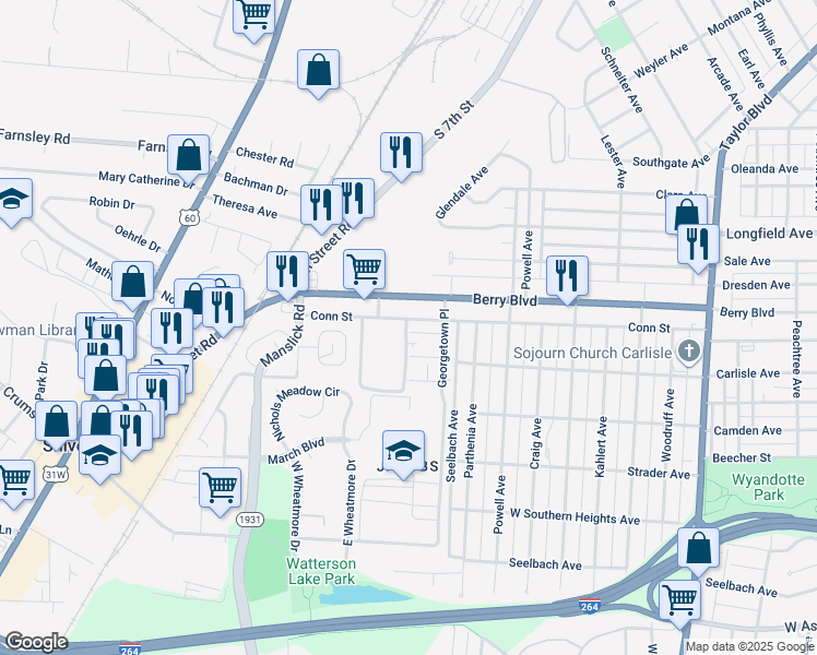 map of restaurants, bars, coffee shops, grocery stores, and more near 1739 Conn Street in Louisville