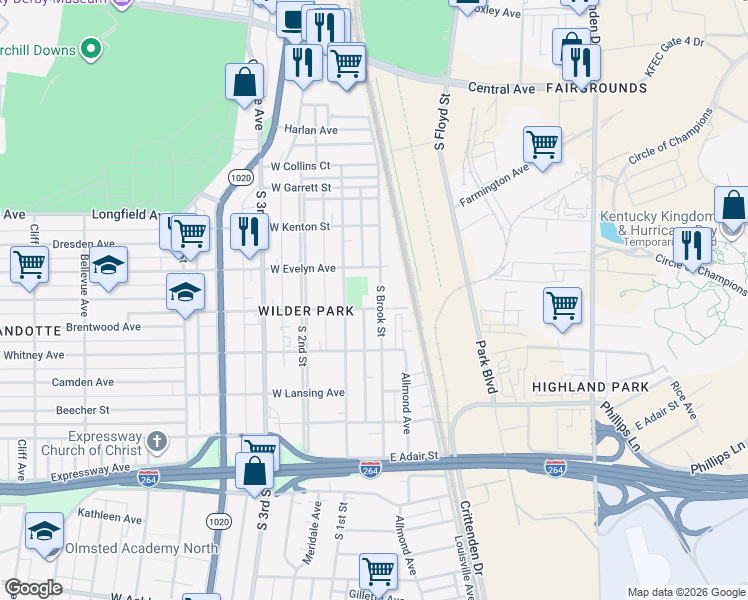 map of restaurants, bars, coffee shops, grocery stores, and more near 4116 South Brook Street in Louisville