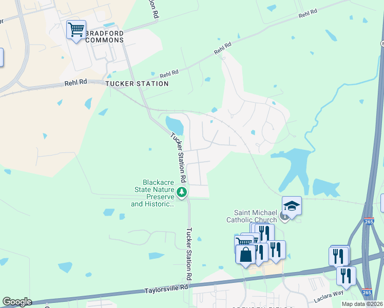 map of restaurants, bars, coffee shops, grocery stores, and more near 13203 Tucker Lake Drive in Louisville