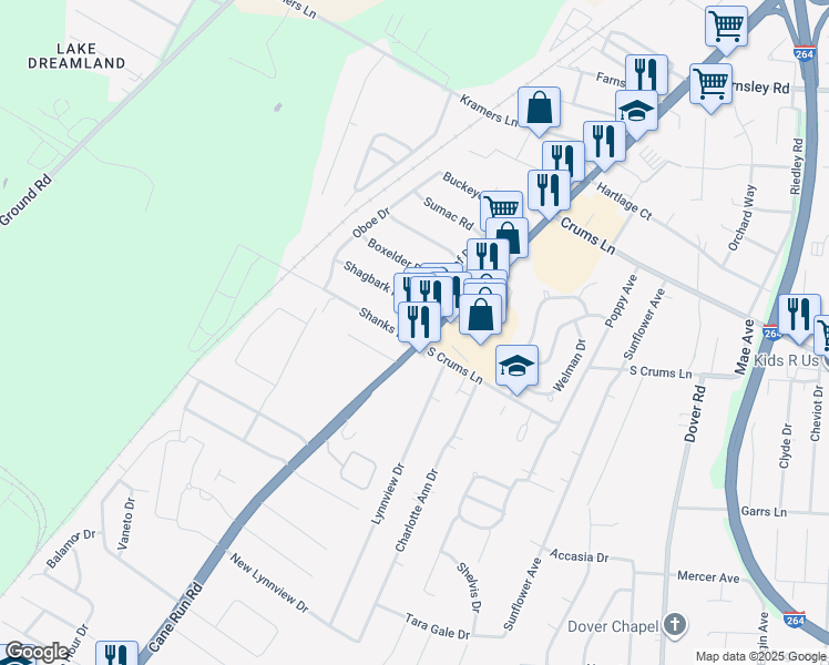 map of restaurants, bars, coffee shops, grocery stores, and more near 4444 Cane Run Road in Louisville