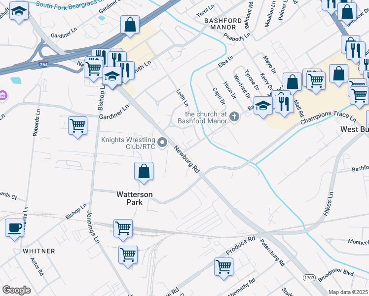 map of restaurants, bars, coffee shops, grocery stores, and more near 1801 Bashford Manor Lane in Louisville