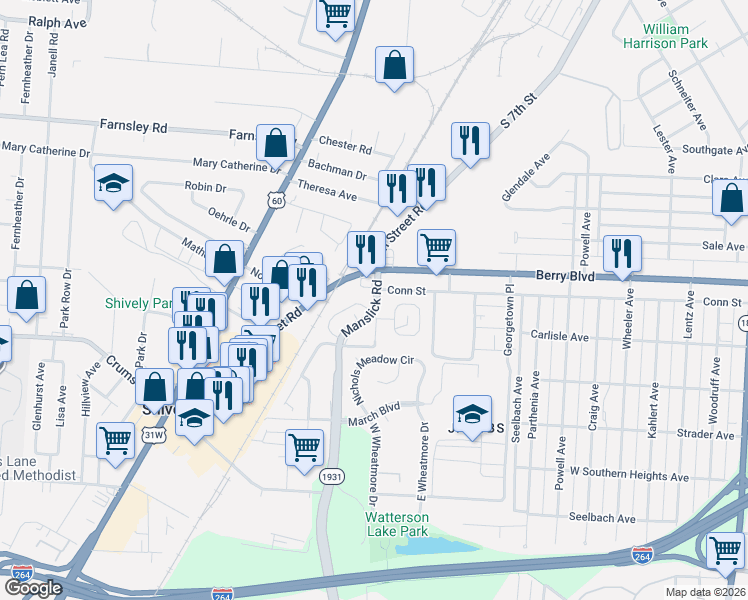 map of restaurants, bars, coffee shops, grocery stores, and more near 3526 Manslick Road in Louisville