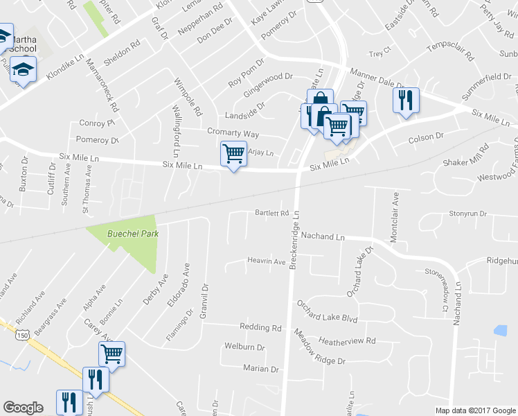 map of restaurants, bars, coffee shops, grocery stores, and more near 6919 Bartlett Road in Louisville