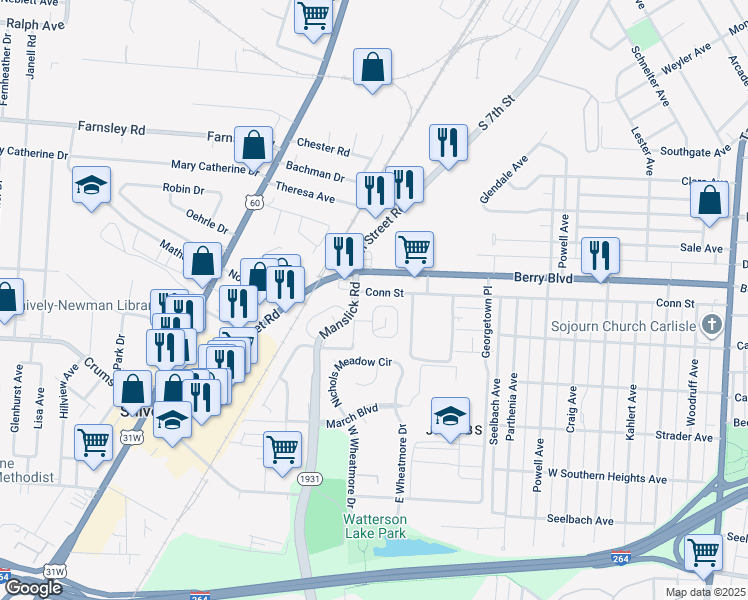 map of restaurants, bars, coffee shops, grocery stores, and more near 50 Nichols Drive in Louisville