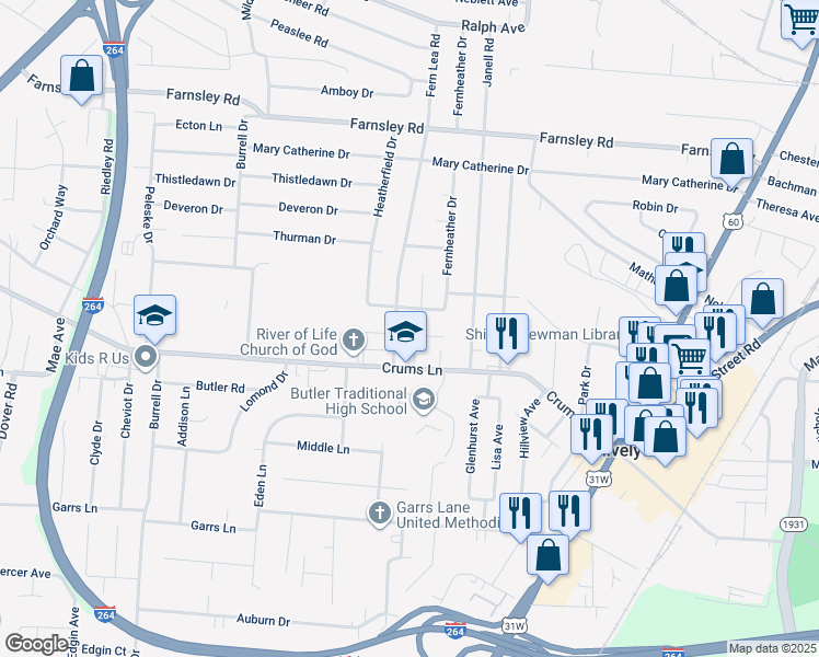 map of restaurants, bars, coffee shops, grocery stores, and more near 3503 Fern Lea Road in Louisville
