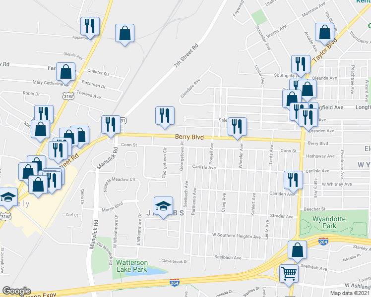 map of restaurants, bars, coffee shops, grocery stores, and more near 1630 Conn Street in Louisville