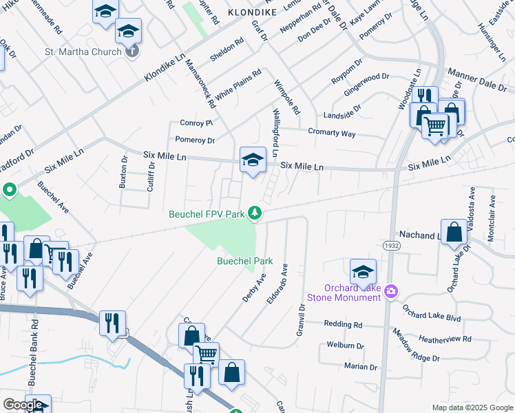 map of restaurants, bars, coffee shops, grocery stores, and more near 4210 Wallingford Lane in Louisville