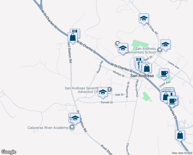 map of restaurants, bars, coffee shops, grocery stores, and more near 460 Russells Road in San Andreas