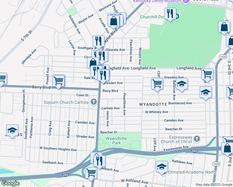 map of restaurants, bars, coffee shops, grocery stores, and more near 1110 Berry Boulevard in Louisville